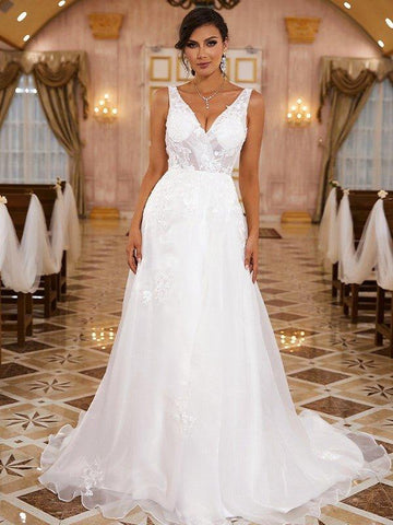 A-Linie/Princess-Linie Organza Applikationen V-Ausschnitt Ärmellos Sweep/Pinsel zug Brautkleider