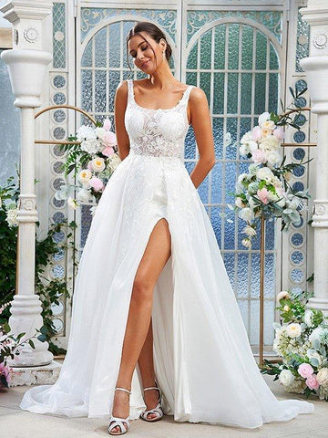 A-Linie/Princess-Linie Organza Spitze Träger Ärmellos Sweep/Pinsel zug Brautkleider