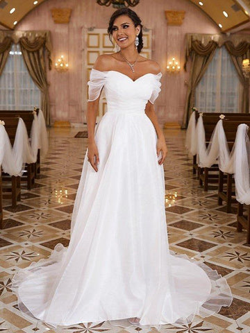 A-Linie/Princess-Linie Organza Rüschen Schulterfrei Ärmellos Sweep/Pinsel zug Brautkleider