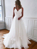 A-Line/Principessa Organza Balze Scollo a V Senza Maniche Coda a Corte Abiti da Sposa