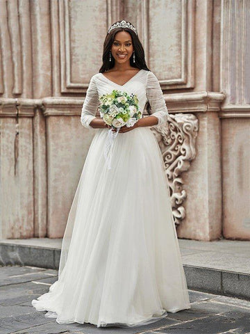 A-Linie/Princess-Linie Herzausschnitt Tüll 3/4 Ärmel Sweep/Pinsel zug Rüschen Brautkleider