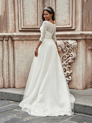 A-Linie/Princess-Linie Herzausschnitt Tüll 3/4 Ärmel Sweep/Pinsel zug Rüschen Brautkleider