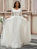 A-Line/Principessa Plissettato Scollo a Cuore Tulle Maniche 3/4 Coda a Spazzola Abiti da Sposa