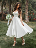A-Line/Principessa Balze Scollo a V Senza Maniche Satin Lunghezza Tè Abiti da Sposa