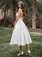 A-Line/Princess Ruffles V-neck Sleeveless Satin Tea-Length Wedding Dresses