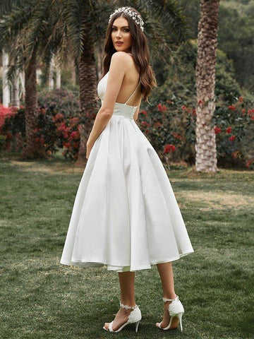 A-Linie/Princess-Linie Rüschen V-Ausschnitt Ärmellos Satin Wadenlang Brautkleider