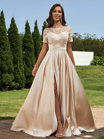 A-Linie/Princess-Linie Satin Applikationen U-Ausschnitt Kurze Ärmel Bodenlang Brautjungfernkleider