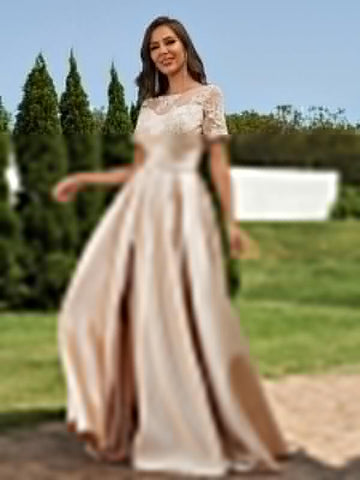 A-Linie/Princess-Linie Satin Applikationen U-Ausschnitt Kurze Ärmel Bodenlang Brautjungfernkleider