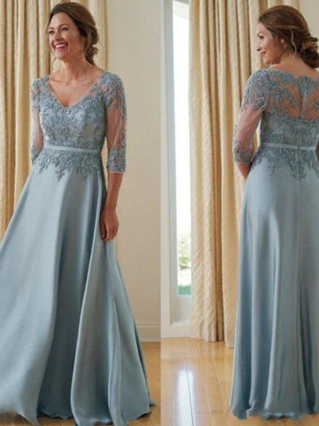 A-Linie/Princess-Linie Satin Applikationen V-Ausschnitt 3/4-Ärmel Bodenlang Kleider für die Brautmutter