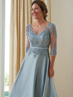 A-Line/Princess Satin Applique V-neck 3/4 Sleeves Floor-Length Mother of the Bride Dresses