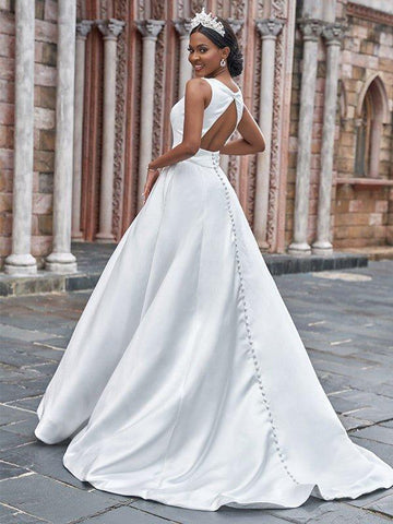A-Linie/Princess-Linie Satin Bateau-Ausschnitt Rüschen Ärmellos Sweep/Pinsel zug Brautkleider