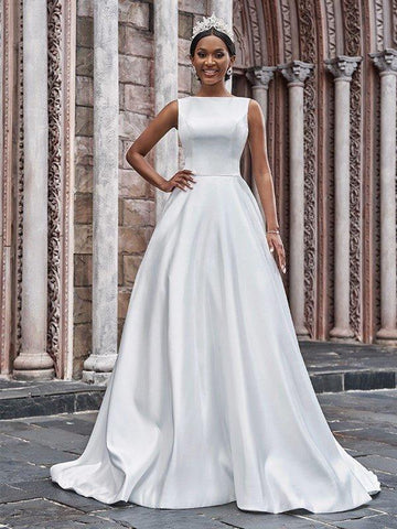 A-Linie/Princess-Linie Satin Bateau-Ausschnitt Rüschen Ärmellos Sweep/Pinsel zug Brautkleider
