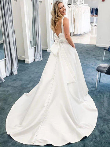 A-Linie/Princess-Linie Satin Schleife V-Ausschnitt Ärmellos Hofschleppe Brautkleider