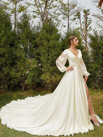 A-Linie/Princess-Linie Satin-Chiffon Gerüscht V-Ausschnitt Lange Ärmel Kathedrale Schleppe Brautkleider