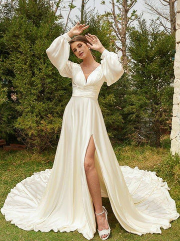 A-Linie/Princess-Linie Satin-Chiffon Gerüscht V-Ausschnitt Lange Ärmel Kathedrale Schleppe Brautkleider