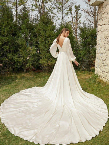 A-Linie/Princess-Linie Satin-Chiffon Gerüscht V-Ausschnitt Lange Ärmel Kathedrale Schleppe Brautkleider