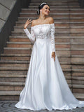 Vestidos de noiva princesa/estilo A, em cetim, com renda, ombros descobertos, mangas compridas, cauda comprida/esticada