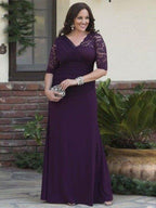 A-Line/Princess Satin Lace V-neck 1/2 Sleeves Floor-Length Mother of the Bride Dresses
