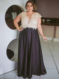 Vestidos de mãe da noiva em corte A/princesa, decote em V, em renda e cetim, manga curta, comprimento até ao chão