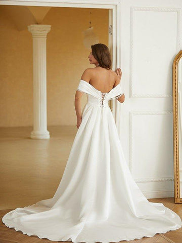 A-Linie/Princess-Linie Satin Rüschen Schulterfrei Ärmellos Kapelle-schleppe Brautkleider