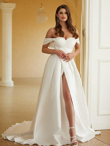 A-Linie/Princess-Linie Satin Rüschen Schulterfrei Ärmellos Kapelle-schleppe Brautkleider