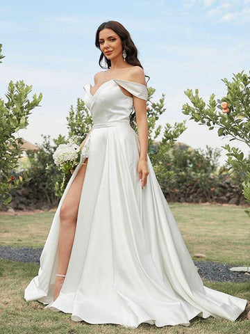 A-Linie/Princess-Linie Satin Rüschen Schulterfrei Ärmellos Sweep/Pinsel zug Brautkleider