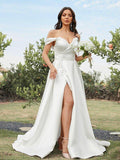 A-Line/Principessa Satin Drappeggio Scollo a Spalla Cadente Senza Maniche Abiti da Sposa con Strascico Spazzolato