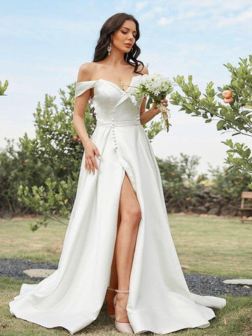 A-Linie/Princess-Linie Satin Rüschen Schulterfrei Ärmellos Sweep/Pinsel zug Brautkleider