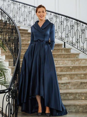 A-Linie/Princess-Linie Satin Gerüscht V-Ausschnitt Lange Ärmel Asymmetrisch Kleider für die Brautmutter