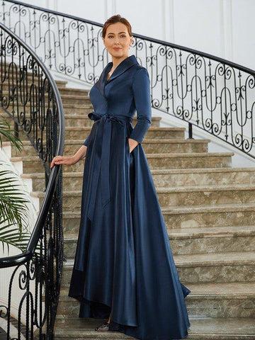 A-Linie/Princess-Linie Satin Gerüscht V-Ausschnitt Lange Ärmel Asymmetrisch Kleider für die Brautmutter