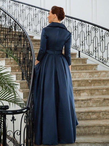 A-Linie/Princess-Linie Satin Gerüscht V-Ausschnitt Lange Ärmel Asymmetrisch Kleider für die Brautmutter