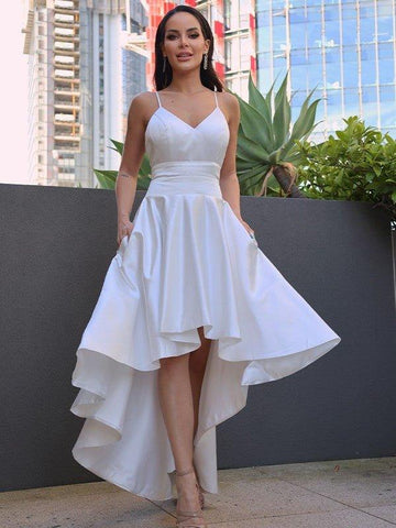 A-Linie/Princess-Linie Satin Rüschen V-Ausschnitt Ärmellos Asymmetrisch Brautkleider
