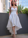 Vestidos de novia satinados princesa con escote en V, sin mangas, asimétricos y con plisados en línea A