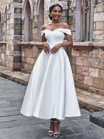 A-Linie/Princess-Linie Satin Rüschen Off-the-Shoulder-Träger Ärmellos Knöchellang Brautkleider