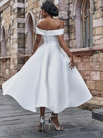 A-Linie/Princess-Linie Satin Rüschen Off-the-Shoulder-Träger Ärmellos Knöchellang Brautkleider