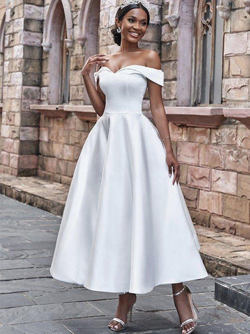 A-Linie/Princess-Linie Satin Rüschen Off-the-Shoulder-Träger Ärmellos Knöchellang Brautkleider
