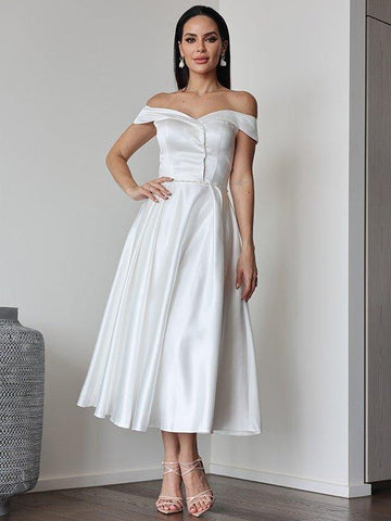 A-Linie/Princess-Linie Satin Rüschen Off-the-Shoulder-Träger Ärmellos Wadenlang Brautkleider