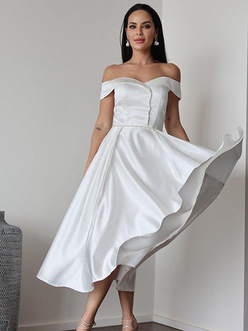 A-Linie/Princess-Linie Satin Rüschen Off-the-Shoulder-Träger Ärmellos Wadenlang Brautkleider
