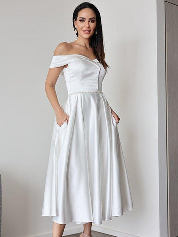 A-Linie/Princess-Linie Satin Rüschen Off-the-Shoulder-Träger Ärmellos Wadenlang Brautkleider