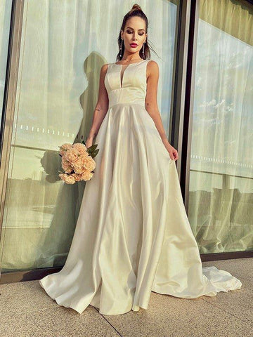 A-Linie/Princess-Linie Satin Rüschen U-Ausschnitt Ärmellos Sweep/Pinsel zug Brautkleider
