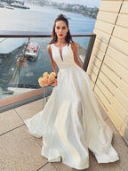 A-Line/Princess Satin Ruffles Scoop Sleeveless Sweep/Brush Train Wedding Dresses