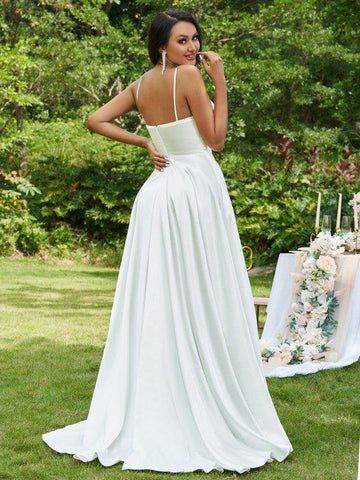 A-Linie/Princess-Linie Satin Rüschen Spaghettiträger Ärmellos Sweep/Pinsel zug Brautkleider