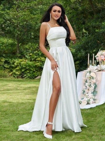 A-Linie/Princess-Linie Satin Rüschen Spaghettiträger Ärmellos Sweep/Pinsel zug Brautkleider