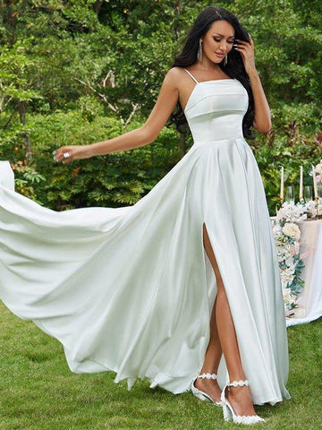 A-Linie/Princess-Linie Satin Rüschen Spaghettiträger Ärmellos Sweep/Pinsel zug Brautkleider