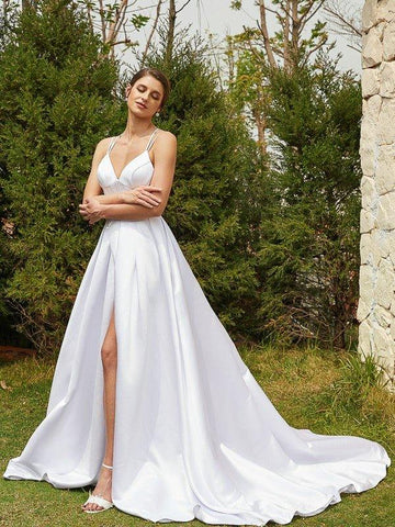 A-Linie/Princess-Linie Satin Rüschen V-Ausschnitt Ärmellos Hof-schleppe Brautkleider