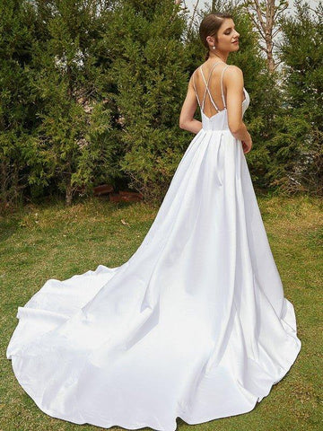 A-Linie/Princess-Linie Satin Rüschen V-Ausschnitt Ärmellos Hof-schleppe Brautkleider