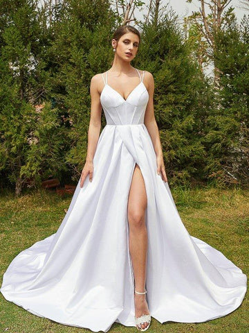 A-Linie/Princess-Linie Satin Rüschen V-Ausschnitt Ärmellos Hof-schleppe Brautkleider