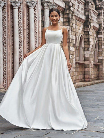 A-Linie/Princess-Linie Satin Spaghettiträger Rüschen Ärmellos Sweep/Pinsel zug Brautkleider