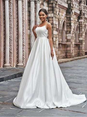 A-Linie/Princess-Linie Satin Spaghettiträger Rüschen Ärmellos Sweep/Pinsel zug Brautkleider