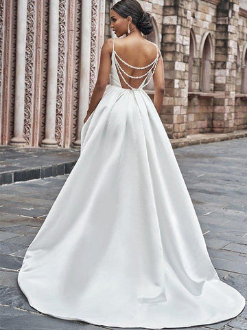 A-Linie/Princess-Linie Satin Spaghettiträger Rüschen Ärmellos Sweep/Pinsel zug Brautkleider